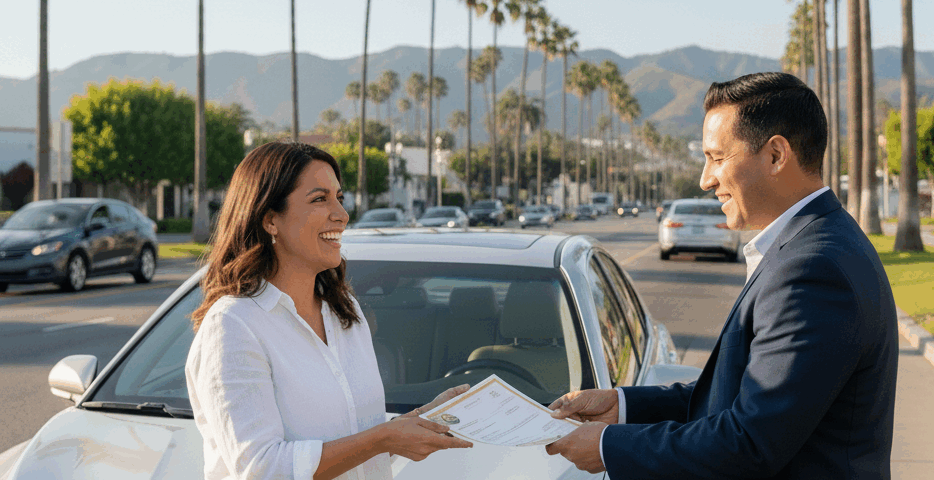 Happy Hispanic woman receiving loan approval from a professional man beside a silver car on a sunny street with palm trees.